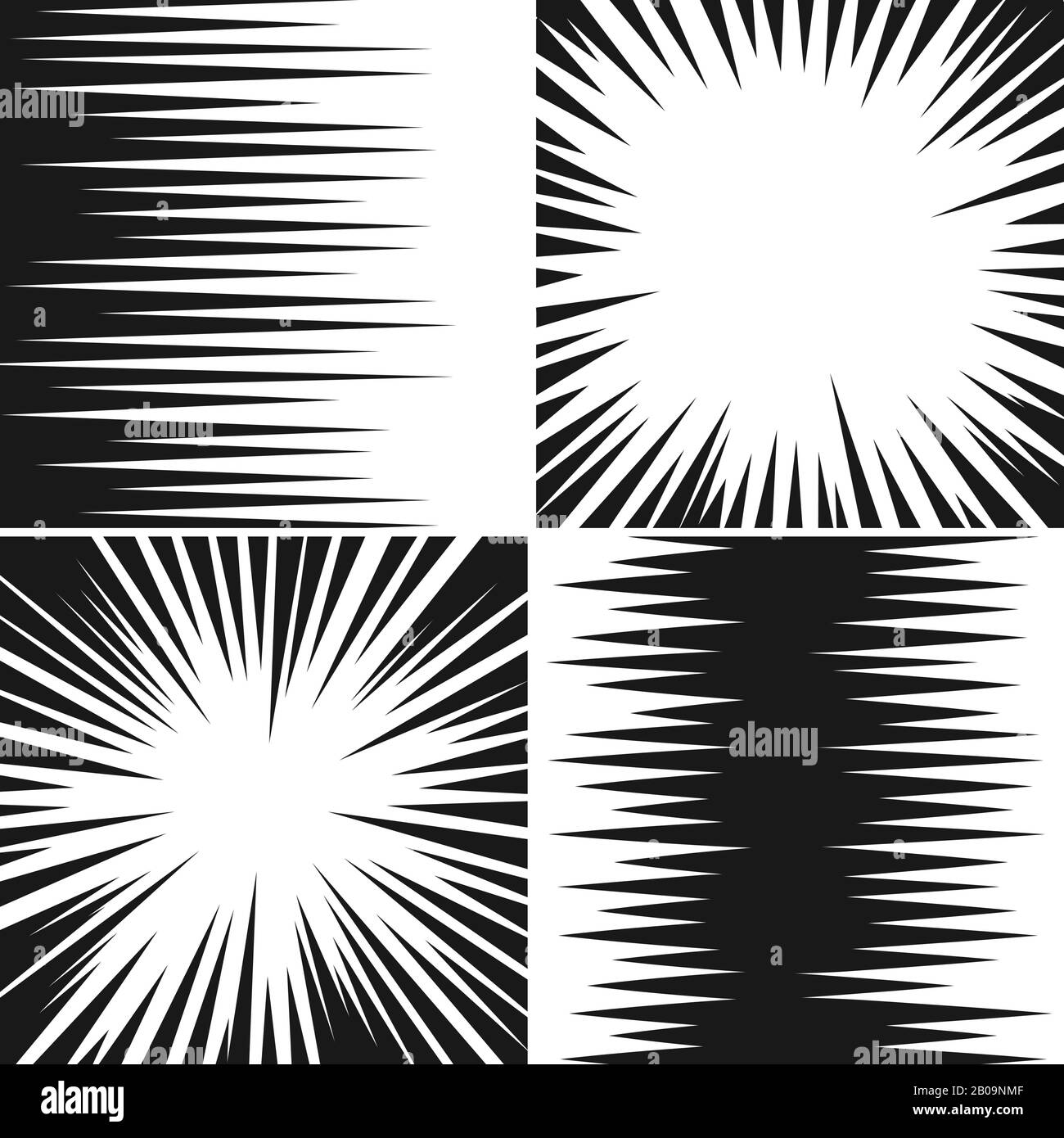 Horizontal and radial speed lines graphic manga comic drawing vector backgrounds set. Striped effect manga radial line, illustration of comic book effect explosion Stock Vector