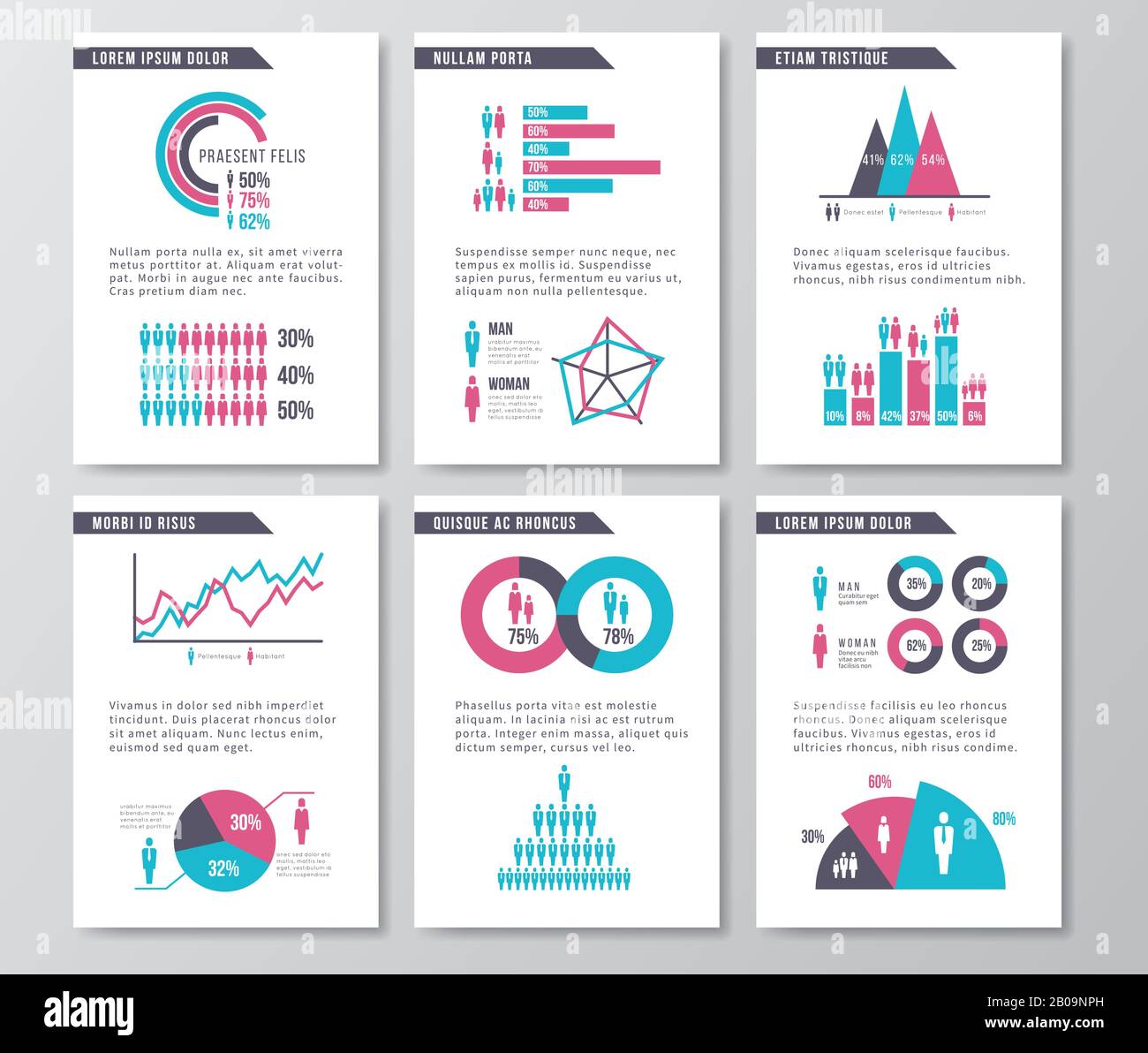Vector business infographic brochure pages with demographics icons, charts and elements. Statistic page demographic, illustration of design business page with infochart Stock Vector