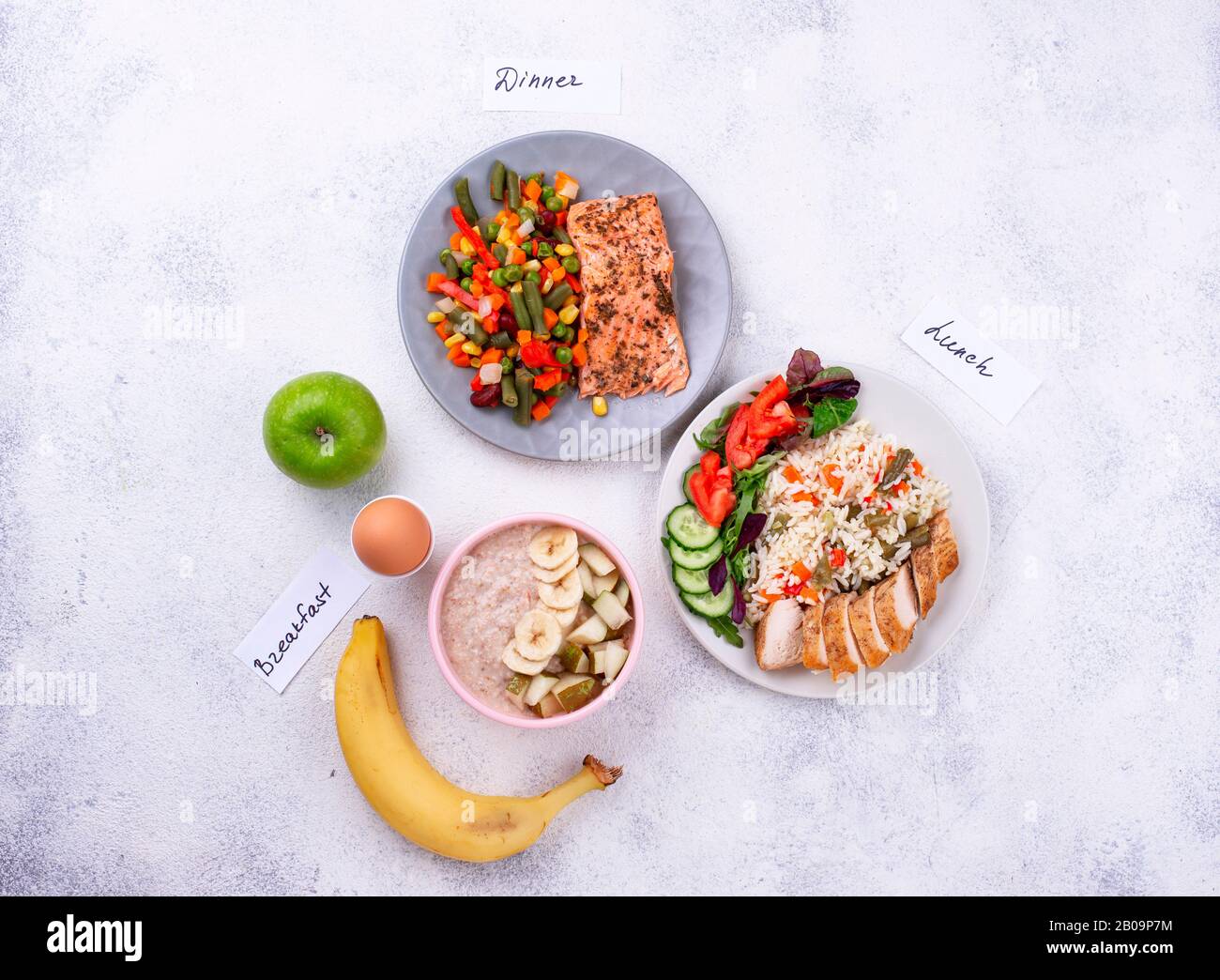 Breakfast, lunch and dinner. Day menu Stock Photo - Alamy