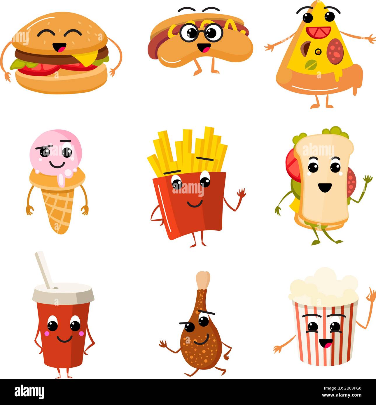 Funny fast food vector characters. Hamburger and beverage, tasty fast food hot dog with face, character pizza and leg of chicken illustration Stock Vector