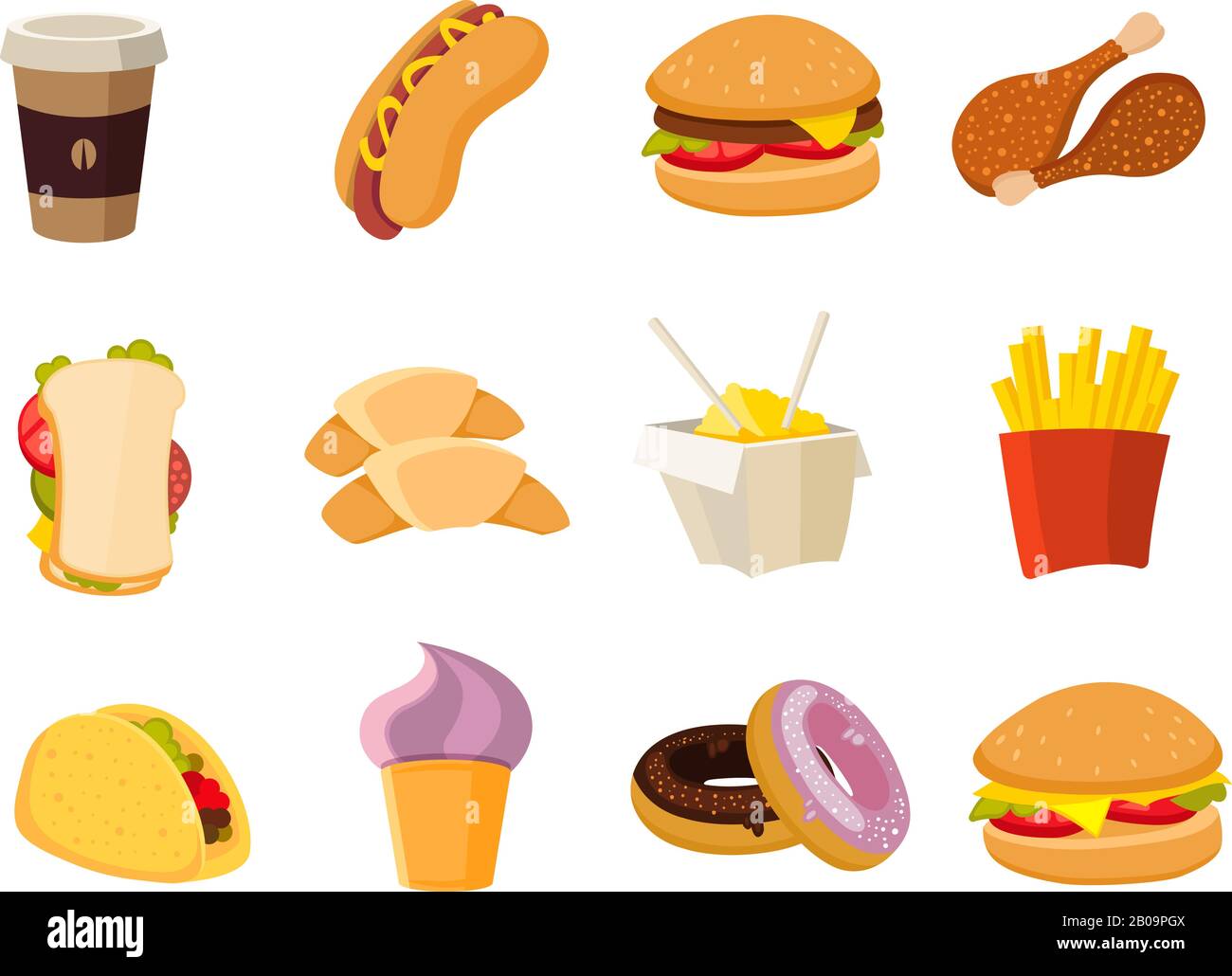 Vector cartoon fast food collection. Menu with fast food hot dog and hamburger, illustration of tasty fast food Stock Vector