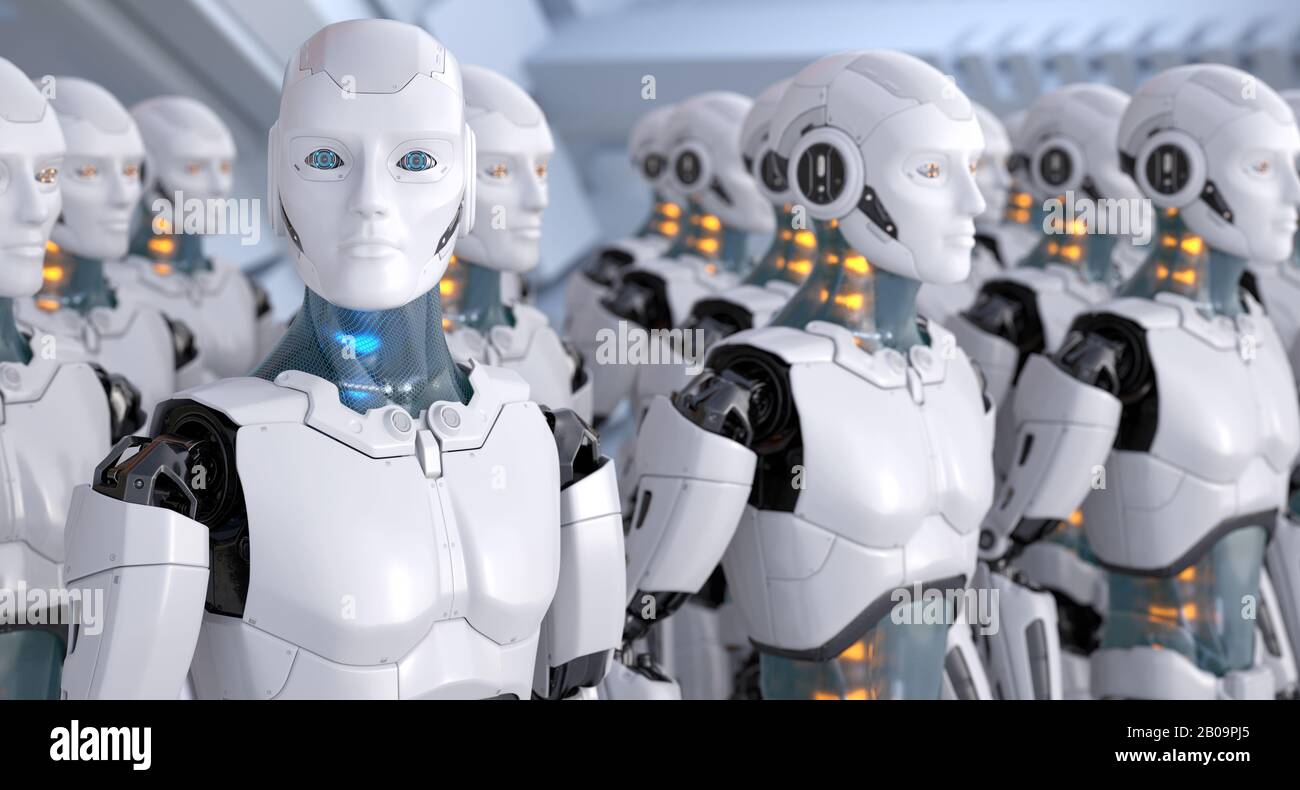 A crowd of cyborg workers standing in a row. 3D illustration Stock Photo