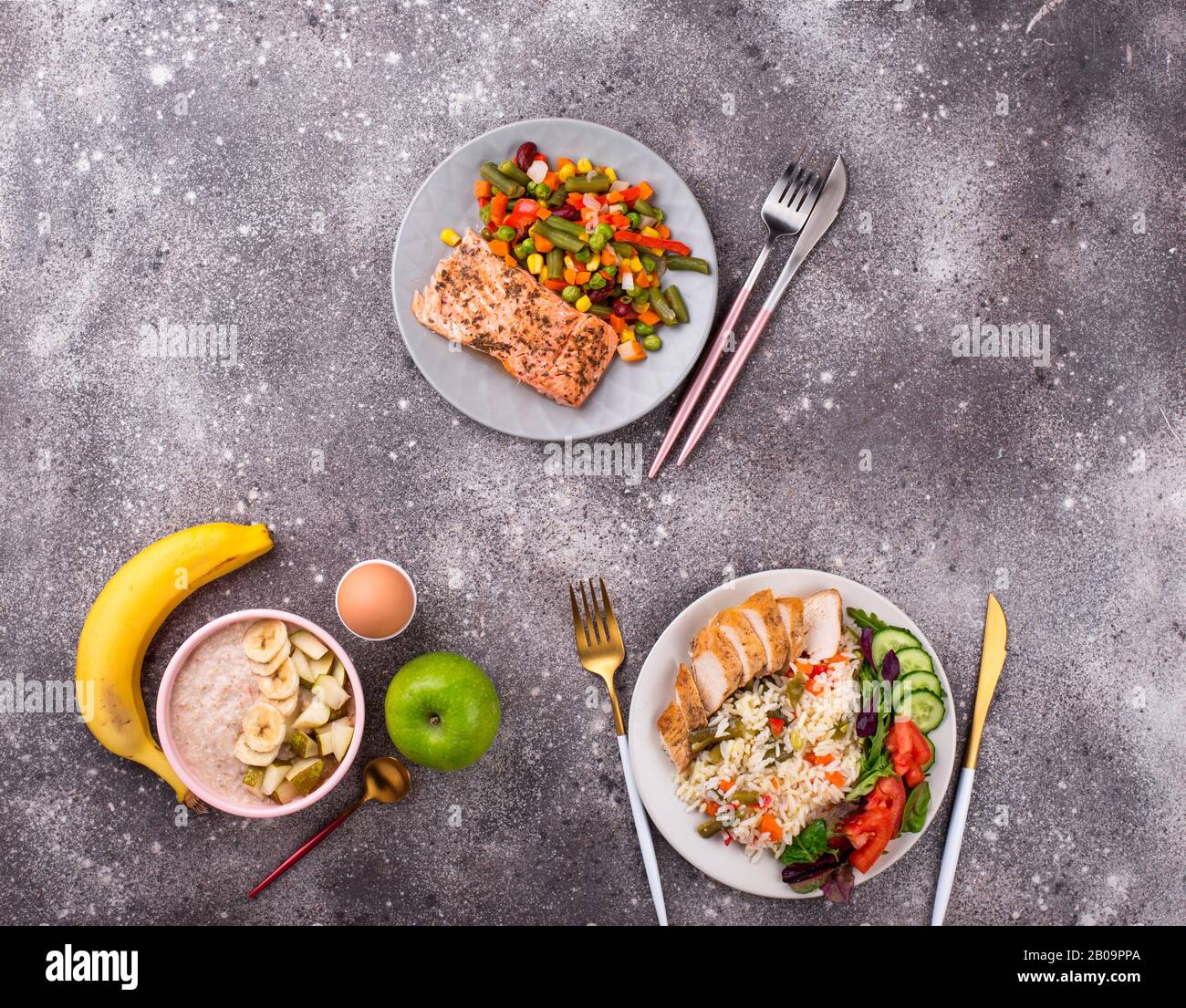 Healthy balanced menu for day Stock Photo - Alamy