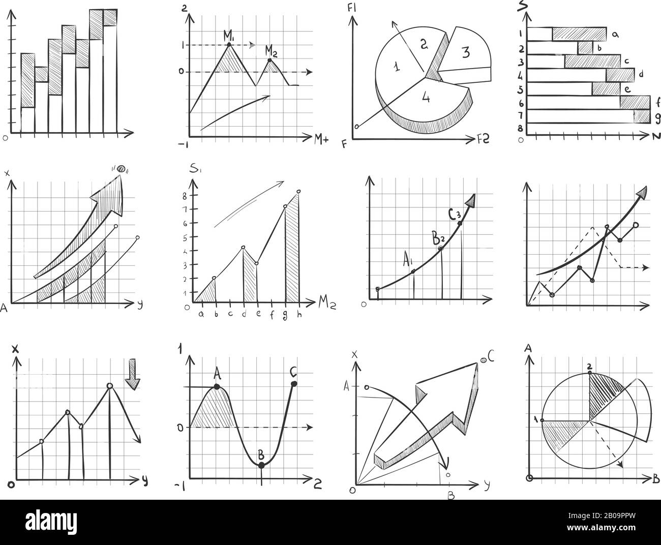 Cartoon sketch business graphic, charts vector doodle infographics elements. Statistic growth graph and chart, illustration of financial chart for presentation Stock Vector