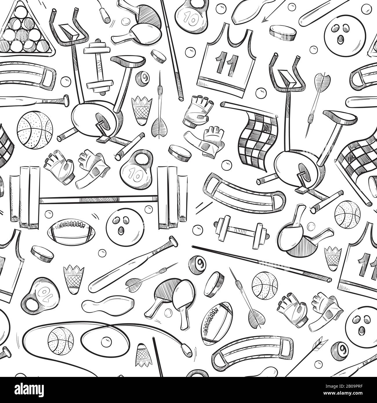Sport and fitness doodle, hand drawn seamless vector healthy background ...