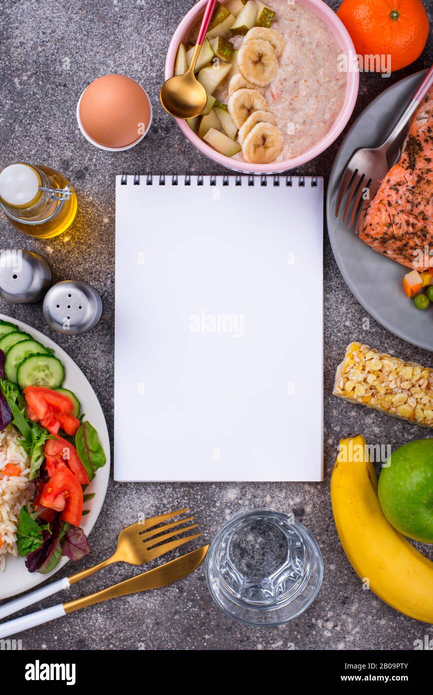 Breakfast, lunch and dinner. Balanced menu Stock Photo - Alamy