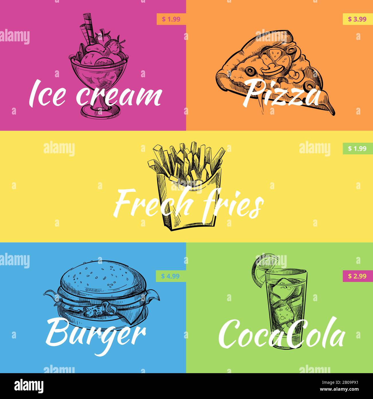 Retro hand drawn fast food vector posters set. Fast food restaurant menu price, illustration of burger and pizza food Stock Vector