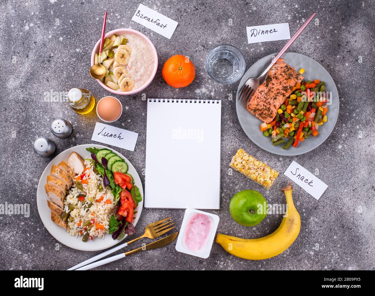 Breakfast, lunch and dinner. Balanced menu Stock Photo Alamy