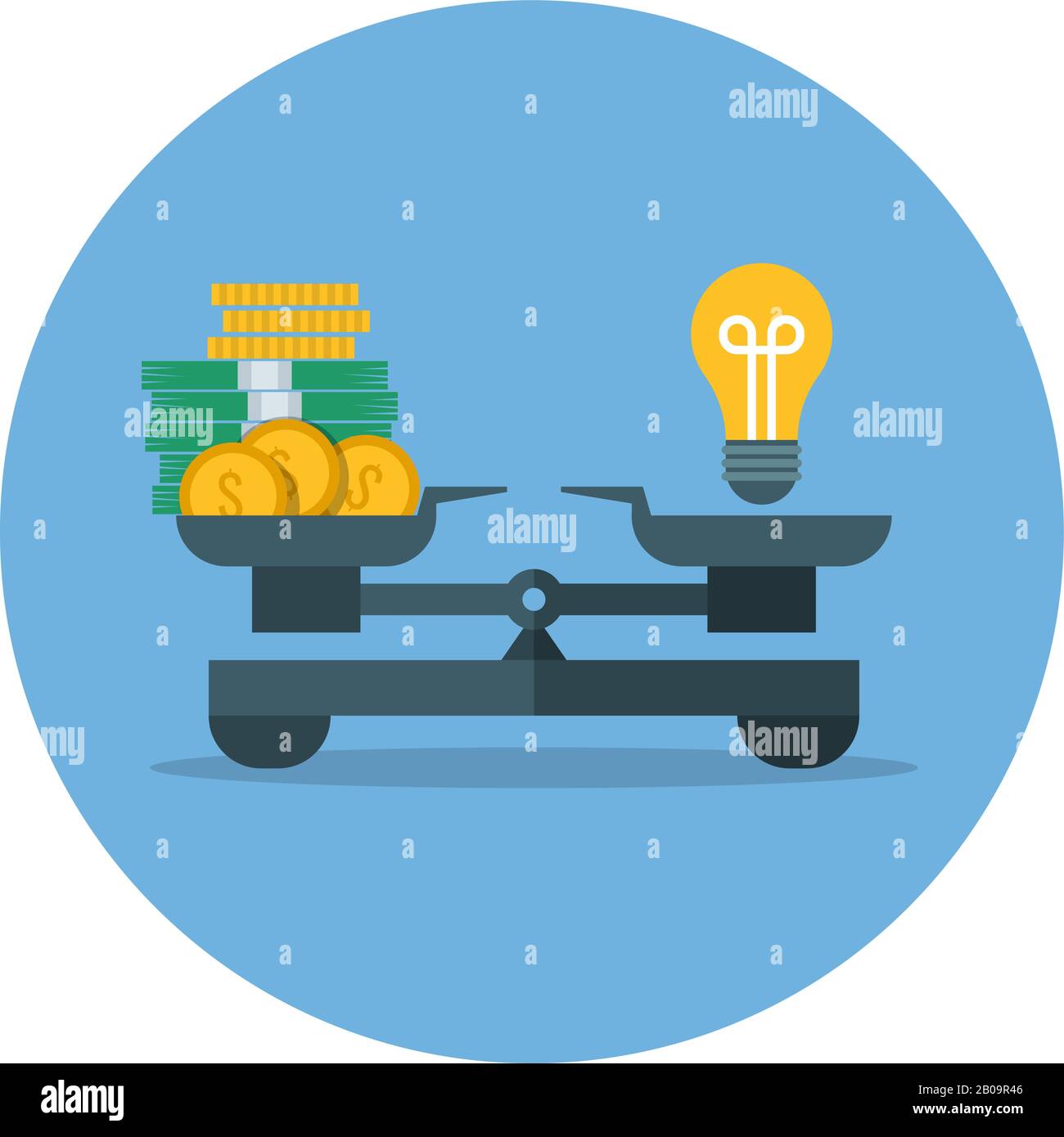 Comparison of money value and idea, business measurement vector concept. Idea and money on scale, illustration of compare idea and capital Stock Vector