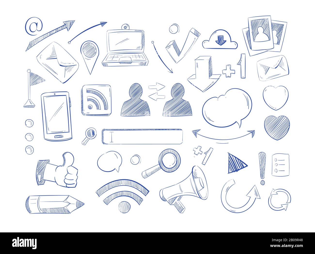 Social media network vector doodles, internet computer hand draw icons. Set of sketch social media elements Stock Vector
