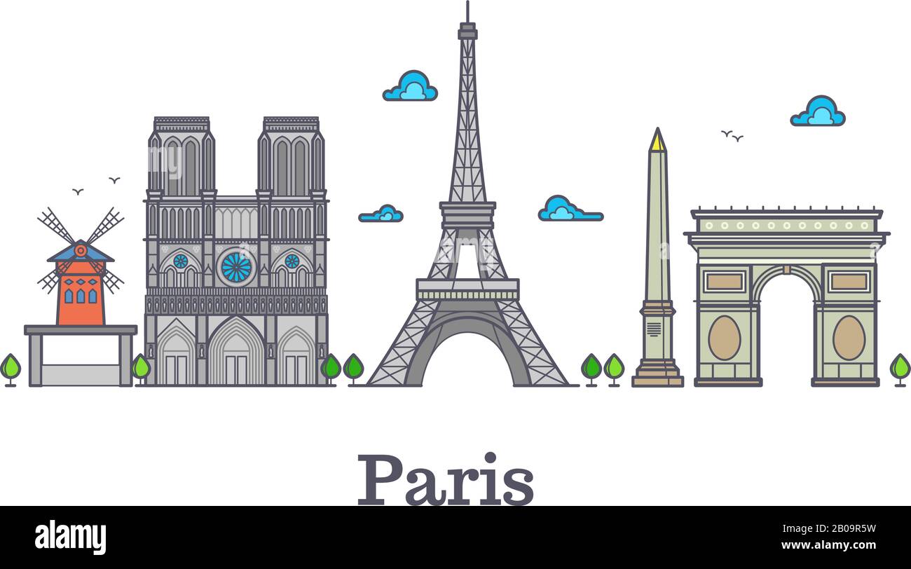 Modern france travel line landmark, paris panorama vector illustration. French eiffel tower, famous place notre dame and french triumphal arc Stock Vector