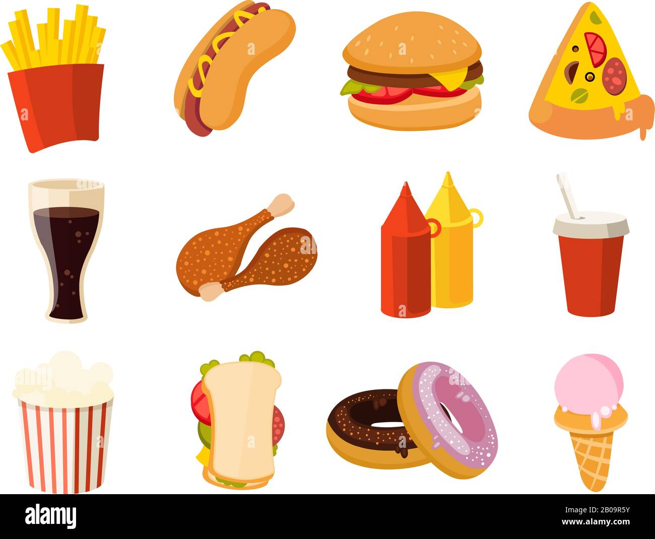 Cartoon fast food, burger, drink, chicken tacos, salad, hotdog vector set. Collection of fast food pizza and hamburger, illustration of food sandwich and donut Stock Vector