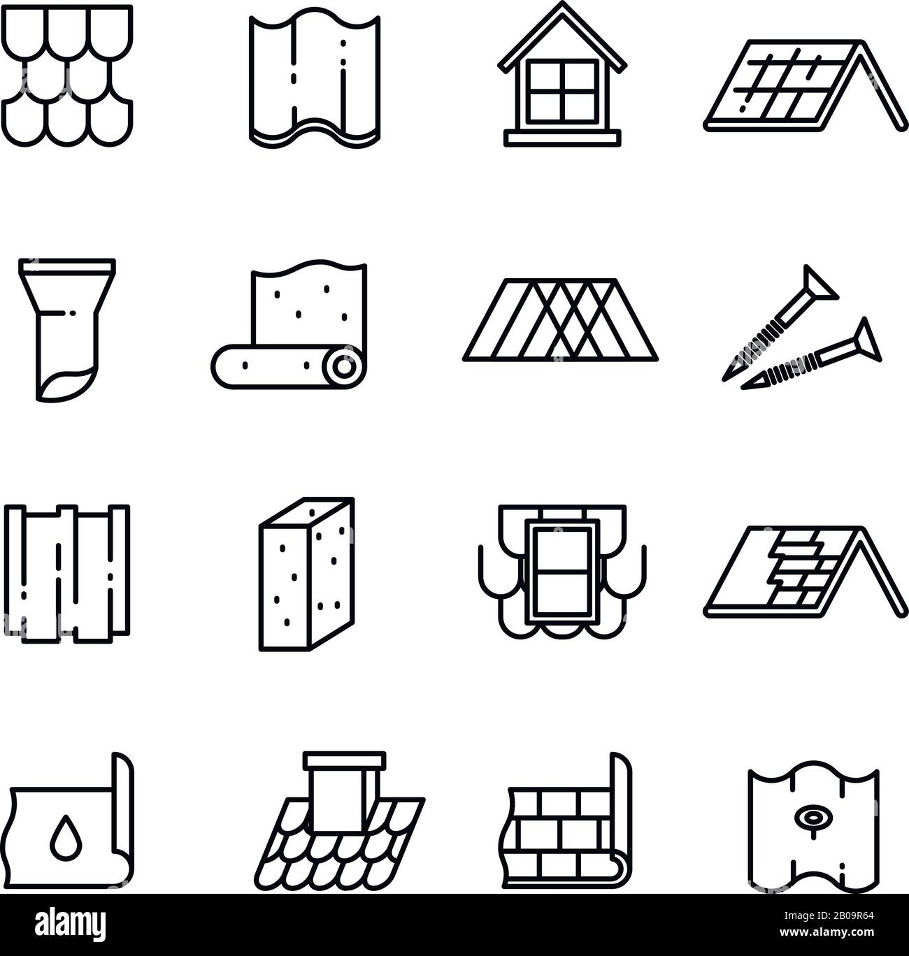 Roof, housetop construction materials, waterproofing thin vector icons. Material for roof house, architecture roof ceramic with pipe illustration Stock Vector