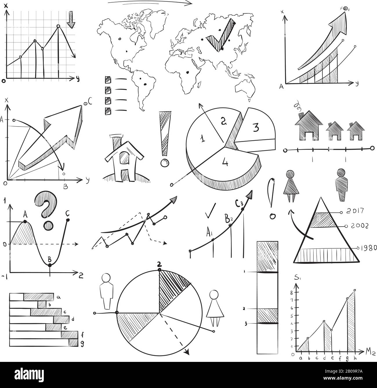 Population demography doodle vector infographic with hand drawn charts, pie graphs, diagrams, world map and sketch people icons. Infographic global illustration Stock Vector