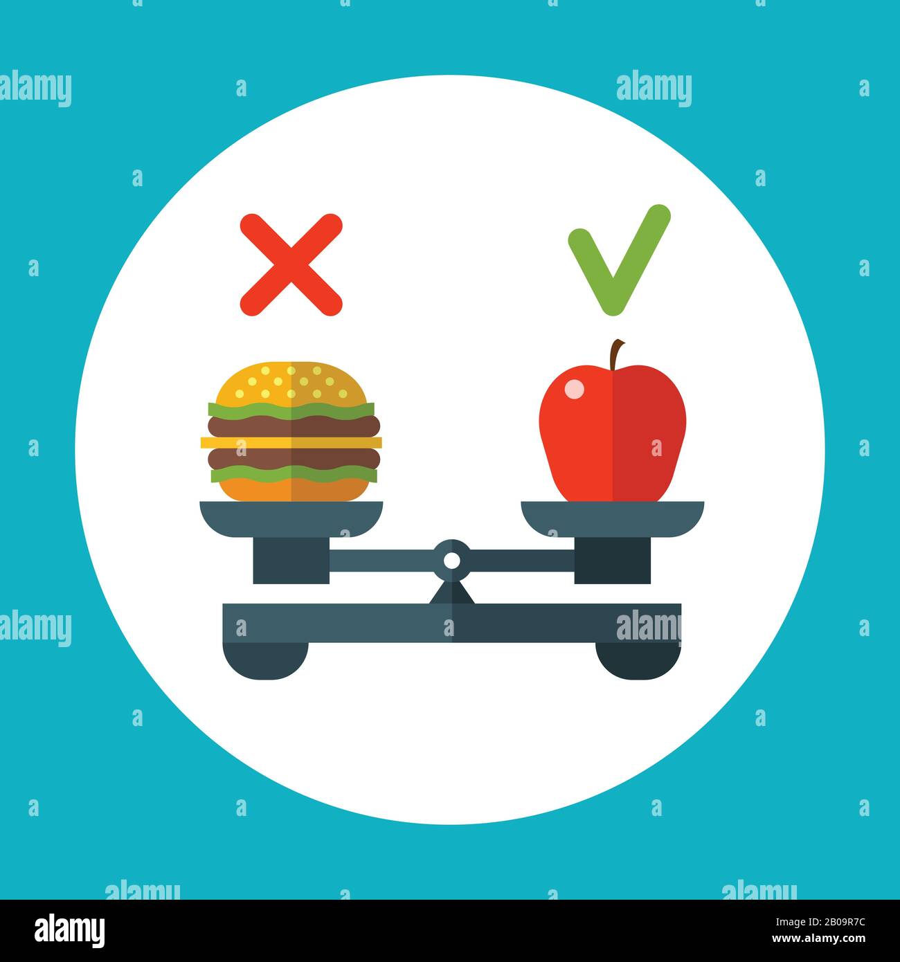 https://c8.alamy.com/comp/2B09R7C/diet-food-balance-healthy-vector-concept-with-apple-and-hamburger-on-scales-burger-or-apple-illustration-of-choice-red-apple-and-fast-food-2B09R7C.jpg
