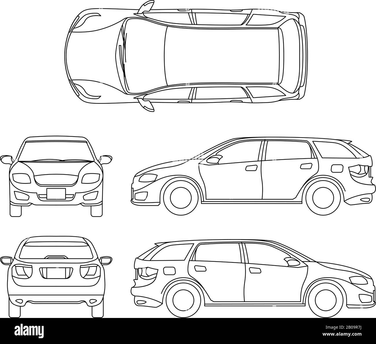 Line drawing of car white vehicle, vector computer art. Model of car, sketchy graphic transport car illustration Stock Vector
