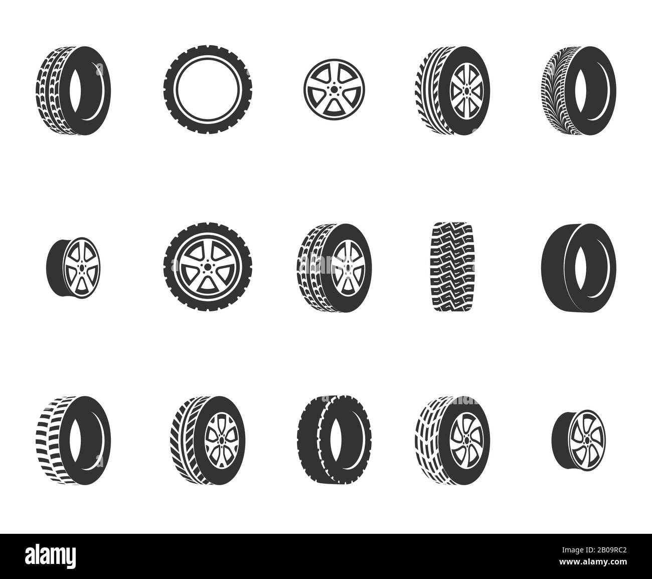 Tires, wheel disks auto service vector icons. Auto black wheel, illustration of automobile rubber wheel Stock Vector