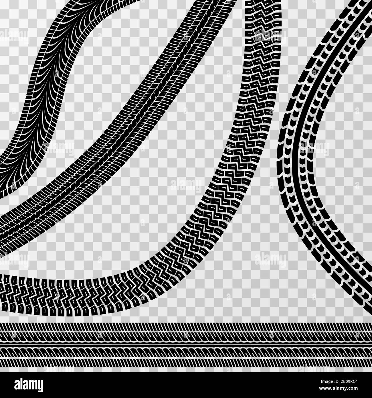 Different tire car and bike tracks isolated on checkered background - vector stock. Effect tire car tracks, illustration of messy tracks from car or moto tire Stock Vector