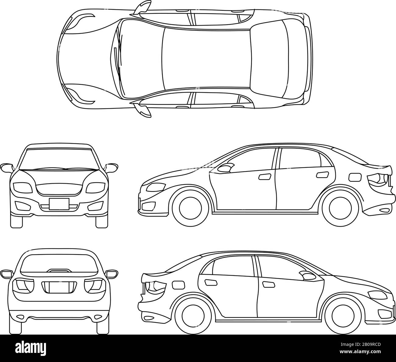 Outline sedan car vector drawing in different point of view. Scheme sedan auto, illustration of documentation project car sedan Stock Vector