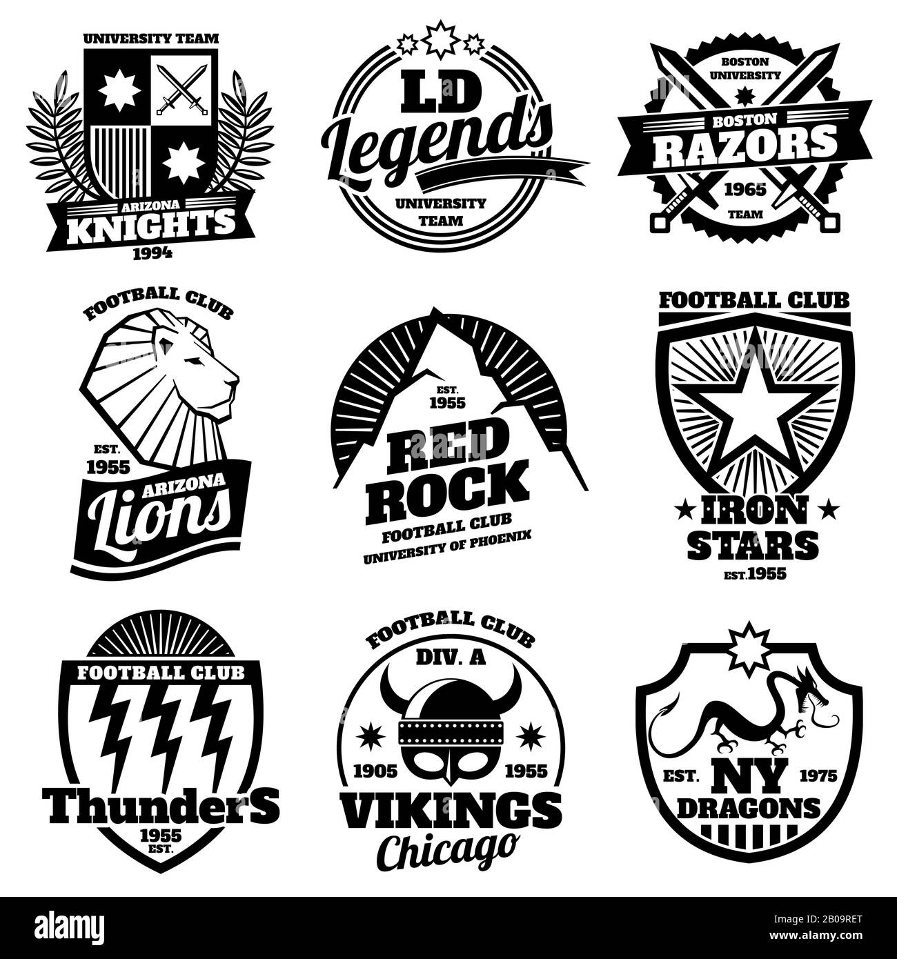 College athletic labels, varsity emblems, vintage sports teams badges, university t shirt design vector. Set of logos for sport team, illustration emblem of university football team Stock Vector