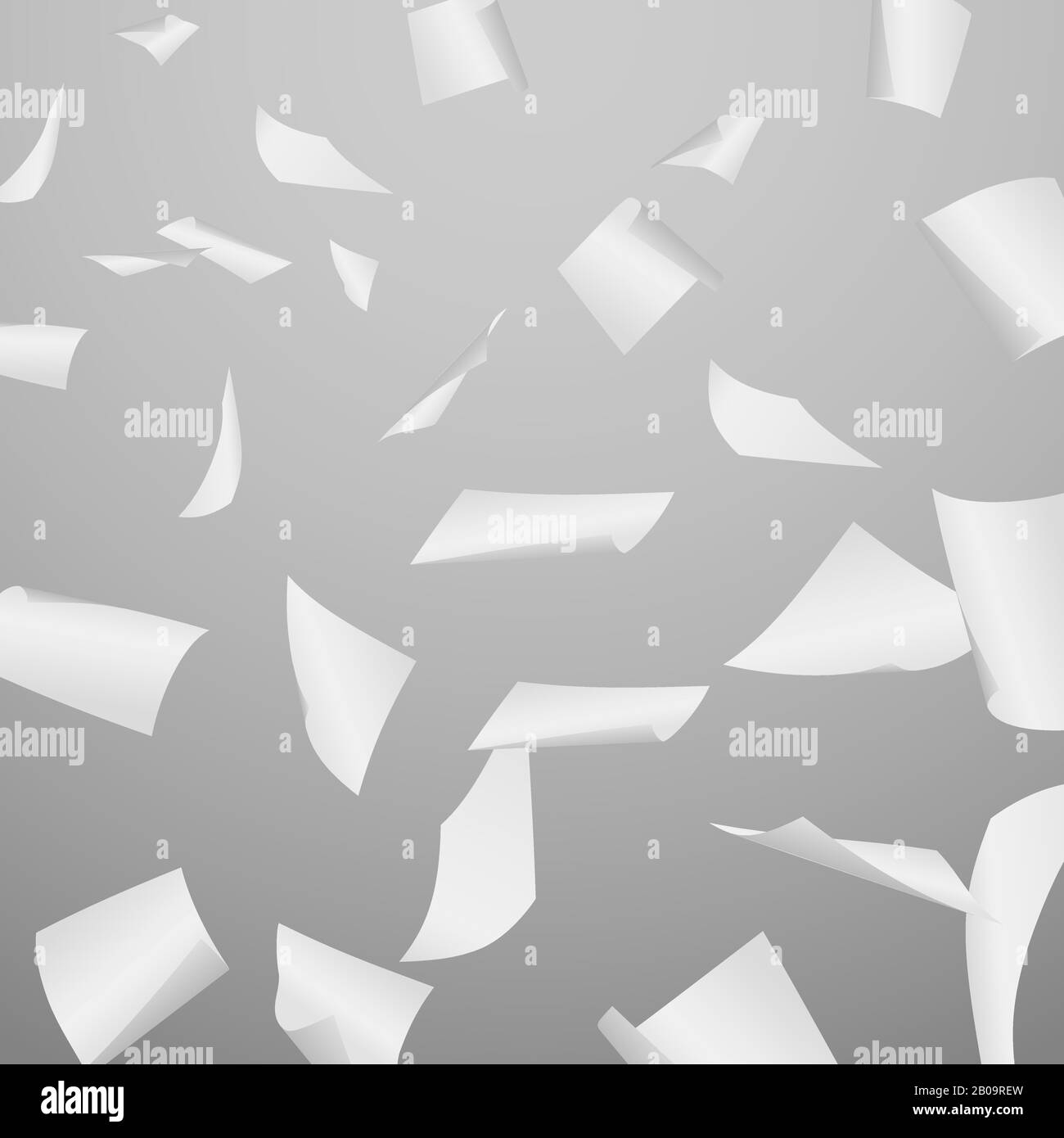 Abstract vector background with flying, falling, scattered office white paper sheets, documents. Background with flight paper, illustration of clear chaotic paper Stock Vector