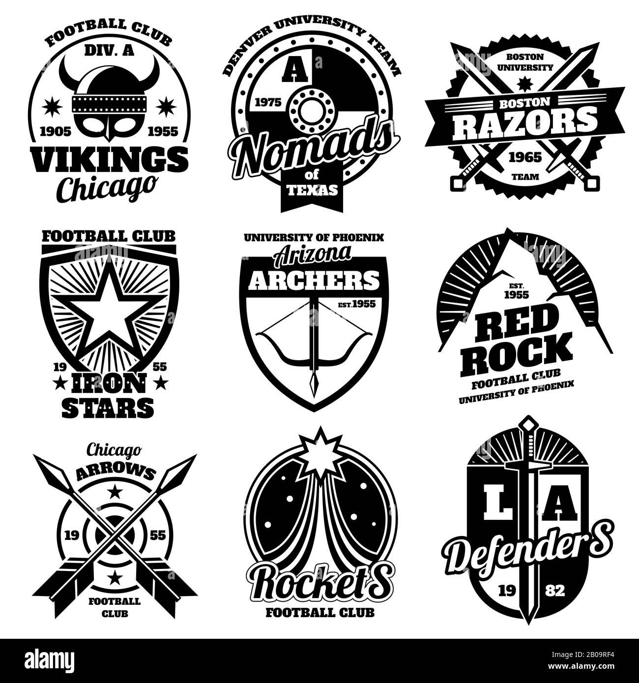School emblems, college athletic teams sports labels, t-shirt graphics vector collection. School team football, illustration of badge t-shirt football club Stock Vector