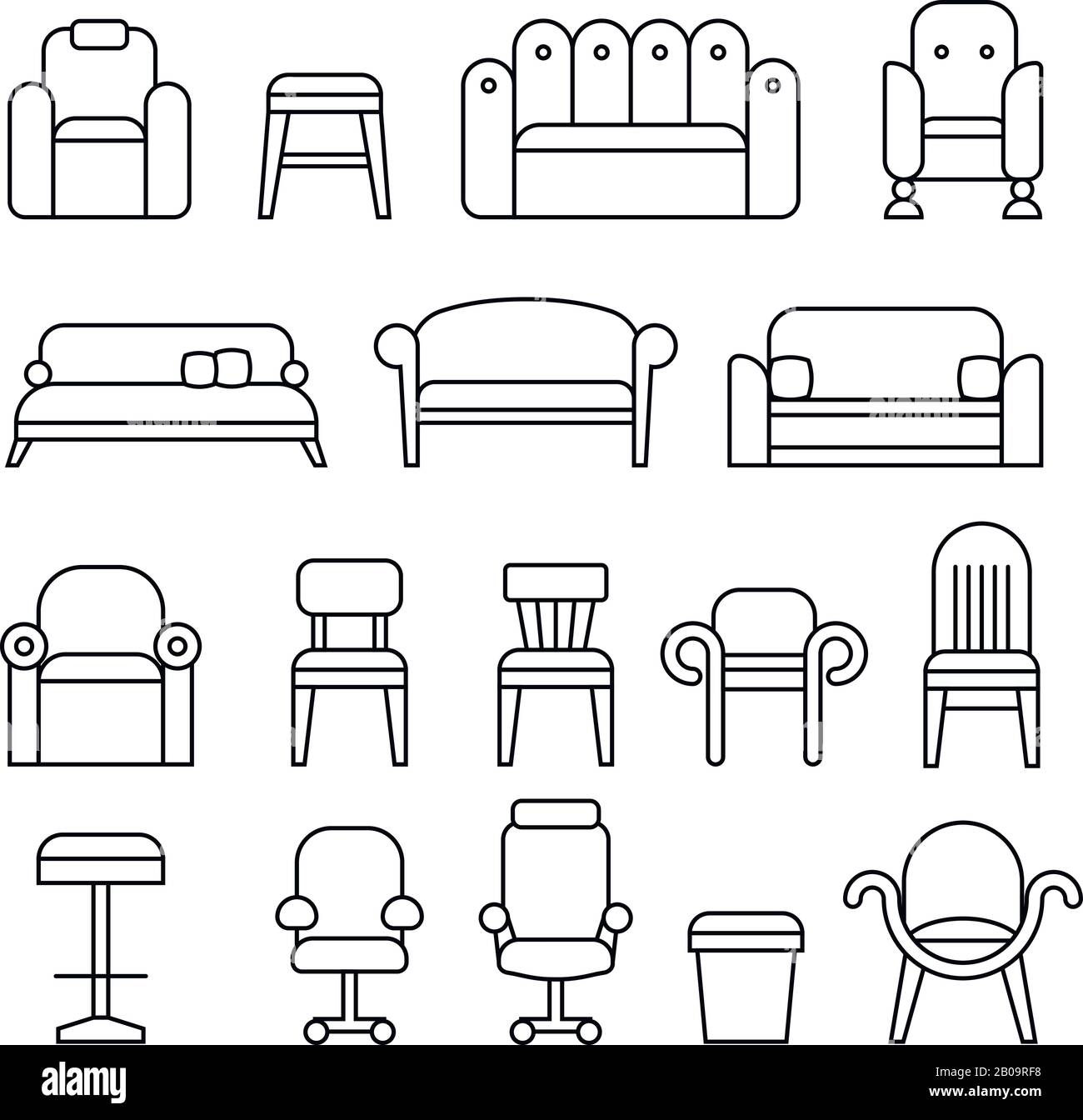 Furniture, chair, armchair, lounge, sofa, couch line vector icons. Linear furniture for sit, illustration of furnitures for interior Stock Vector