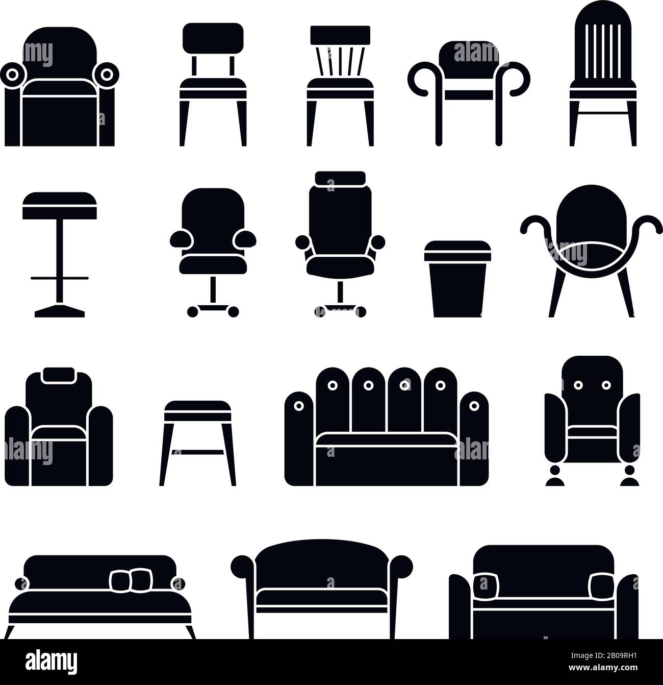 Office hair, armchair, lounge, comfortable sofa, couch furniture vector icons. Set of furniture black silhouettes Stock Vector