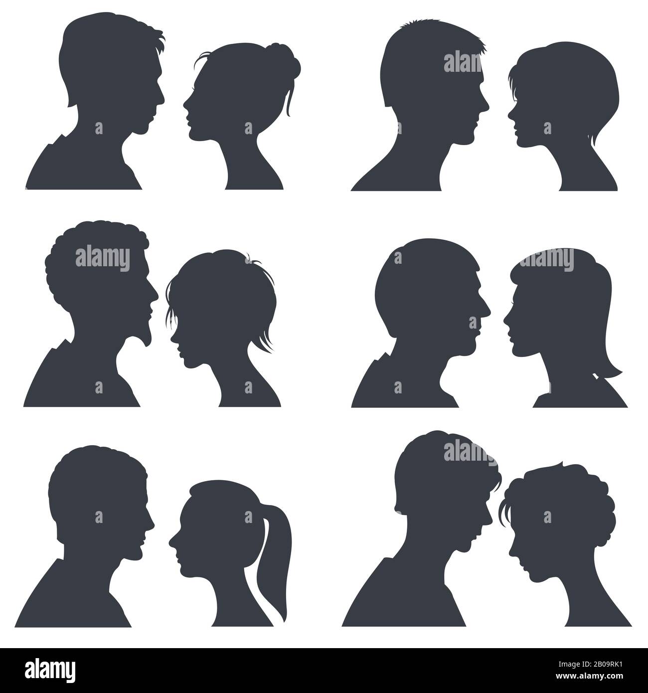Couple faces, young boy and girl head vector silhouettes isolated on white. Girl and boy silhouette head, illustration of profile young couple boy and girl Stock Vector