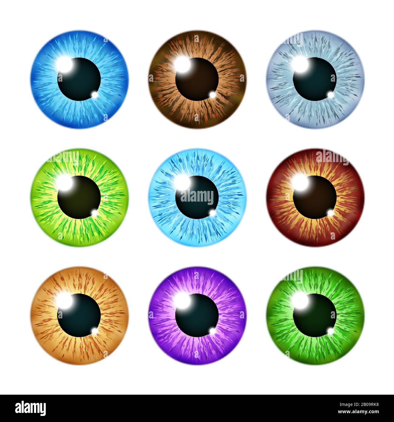 Realistic multi colored eyeball iris pupils set. Human color eyeball, illustration of eyeball green and blue Stock Vector