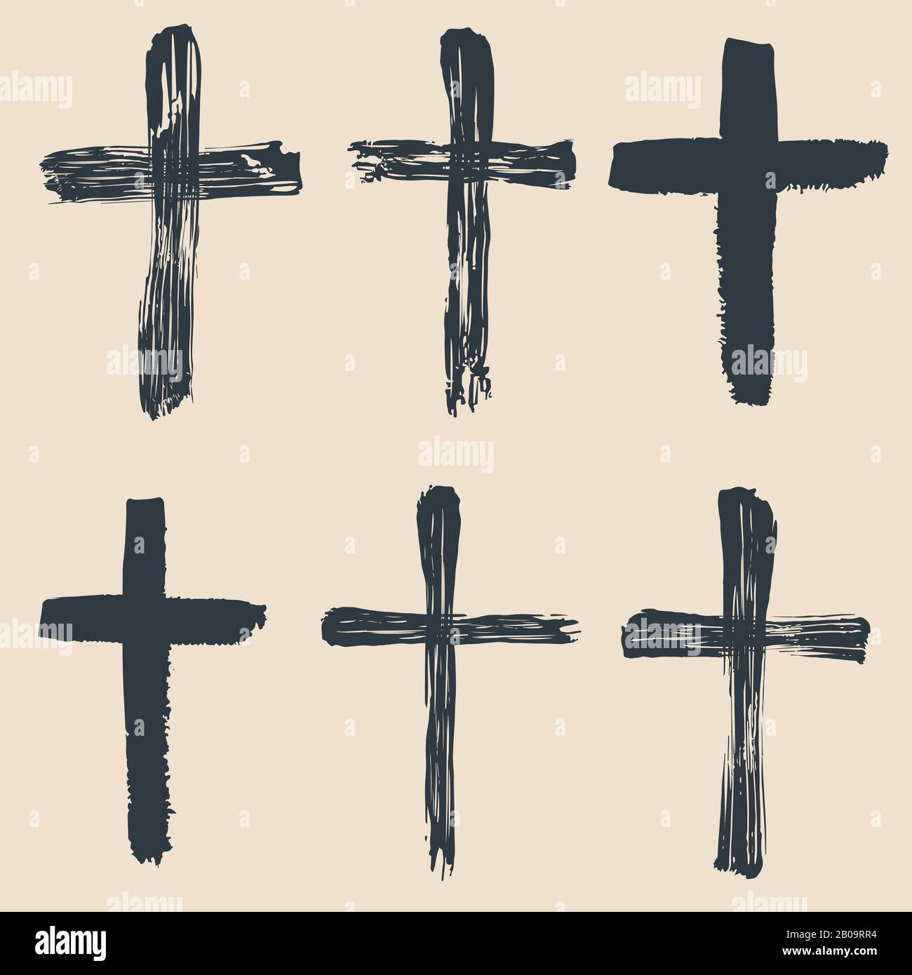 Grunge religious, baptism, christian crosses, crucifix symbols vector graphic paint set. Crucifix christian conceptual symbol illustration Stock Vector