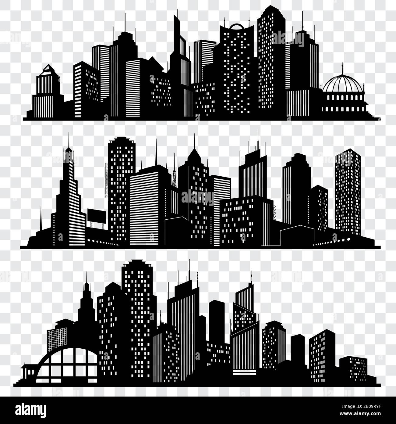 Cityscapes, town skyline buildings, big city silhouettes vector set. Black building town, silhouette of modern skyscraper building illustration Stock Vector