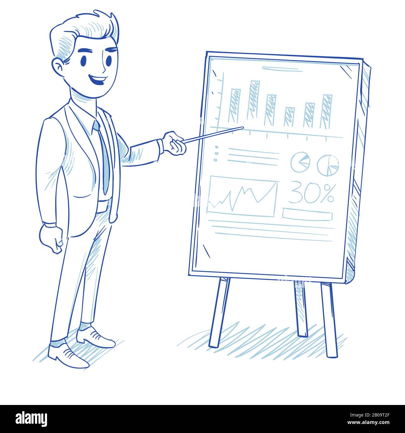 Happy businessman explains product sales chart. successful strategy business vector concept hand drawn, doodle vector illustration. Presentation new product sale chart, successful strategy sale for business Stock Vector