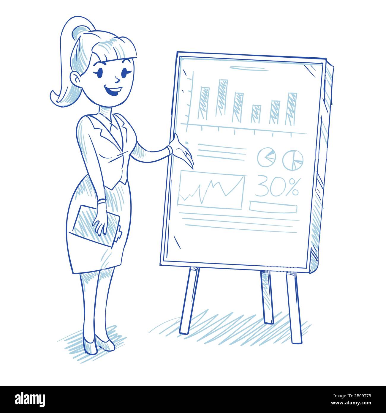 Businesswoman presenting business company development charts. Hand drawing woman teacher presentation charts and diagrams. Vector illustration Stock Vector