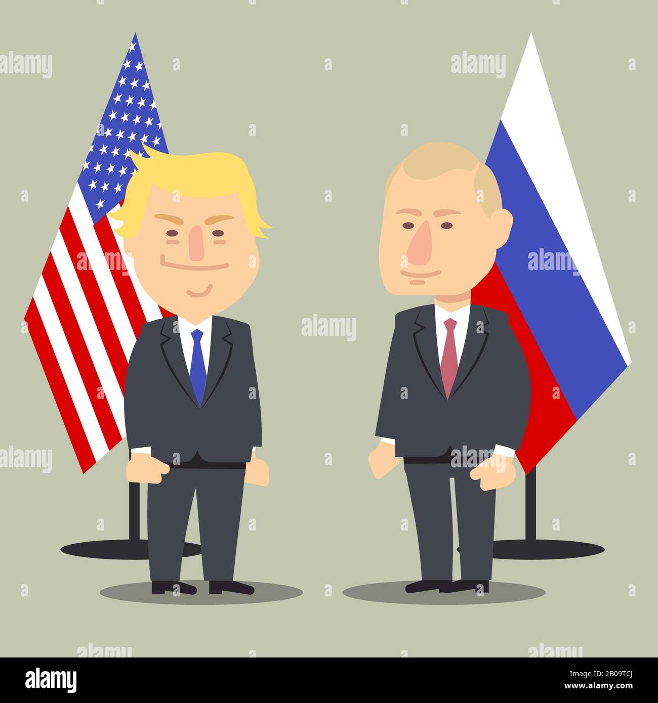 Donald Trump and Vladimir Putin standing together with Russian and USA flags. Vector illustration, cartoon political caricature. Politician putin and trump, government presidents america and russian Stock Vector