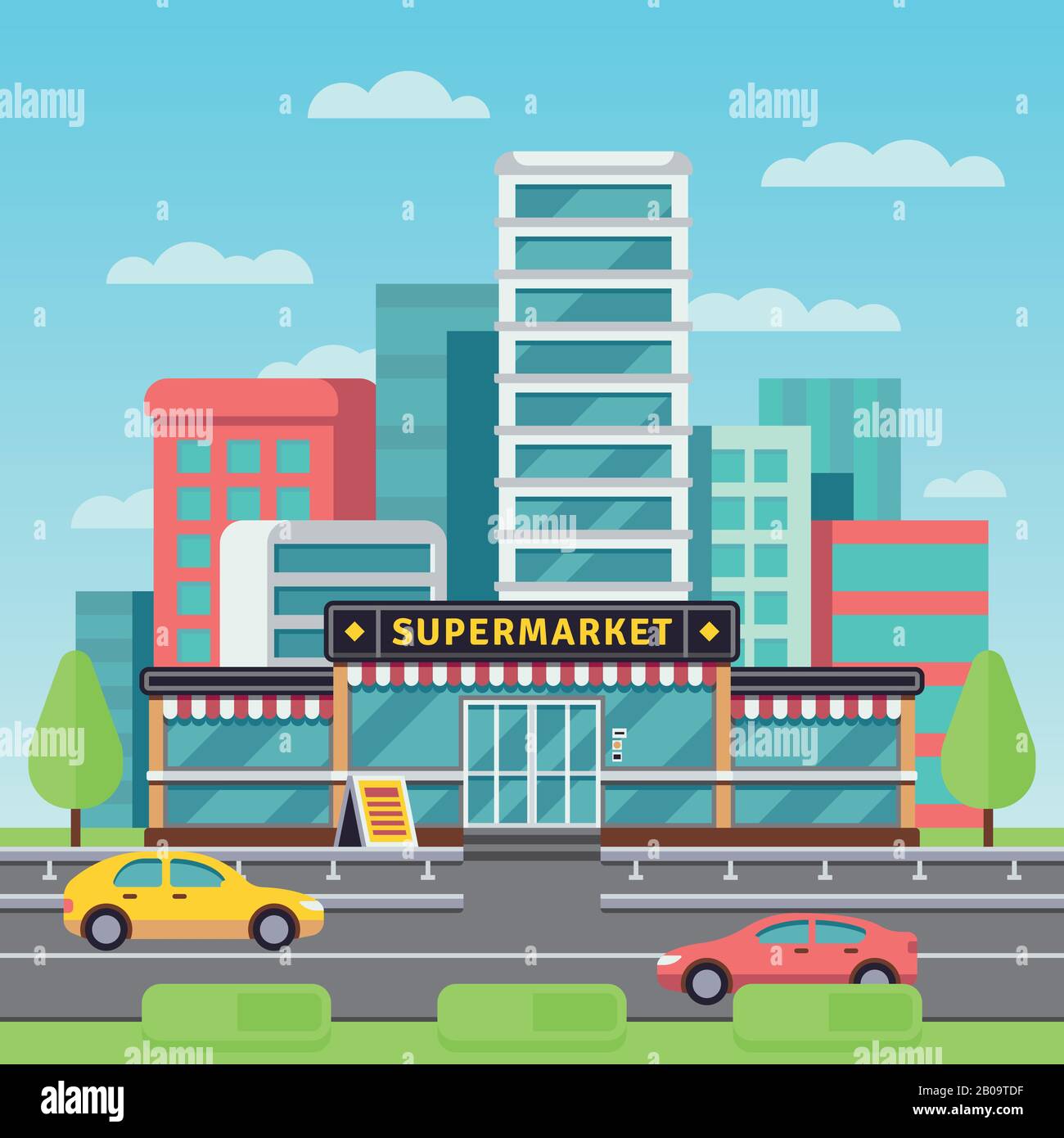 Market exterior, supermarket building, grocery store in modern