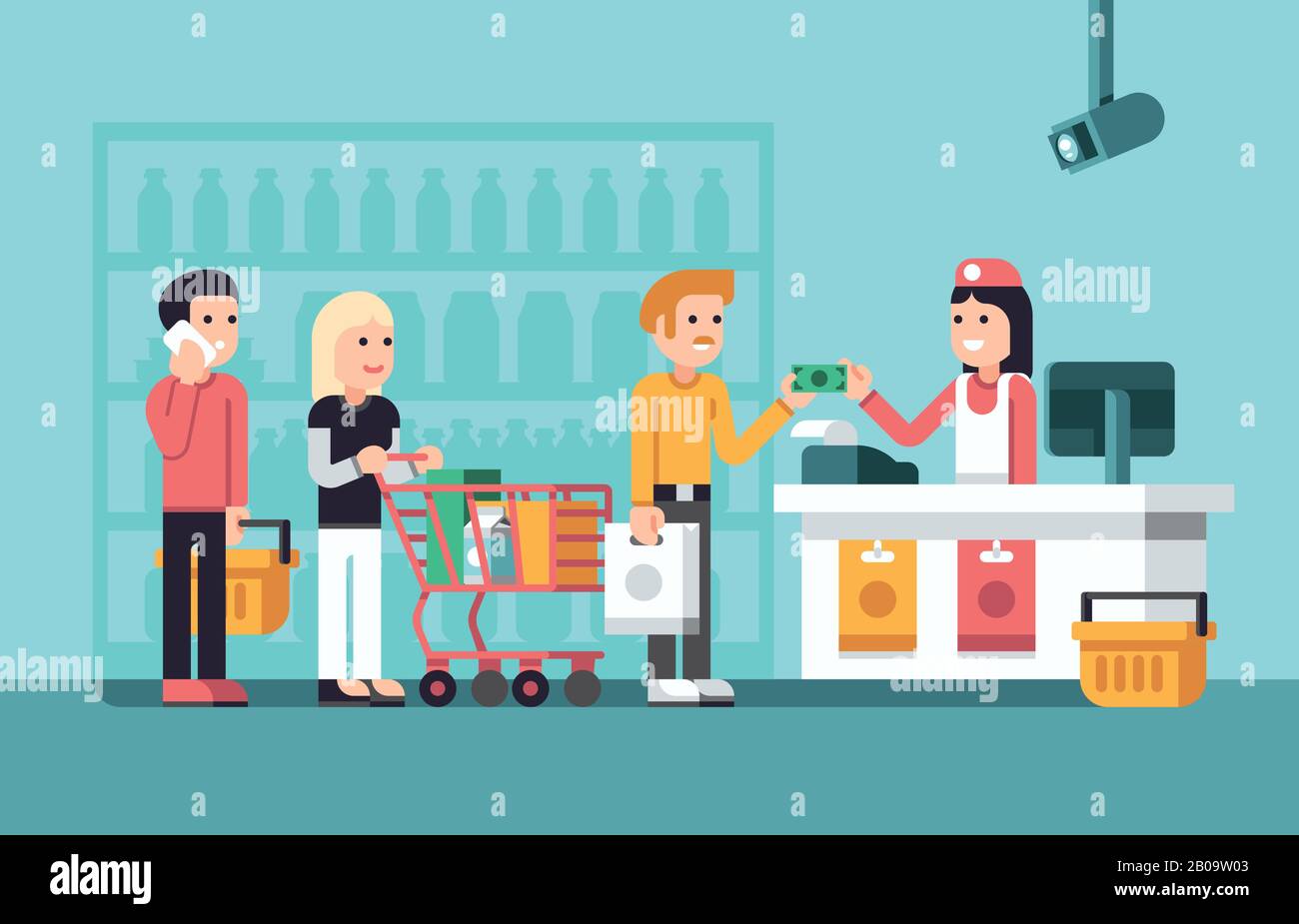 Super market, mall interior with people, saleswoman and store display flat vector illustration. Supermarket with buyer, counter and shopper in market Stock Vector