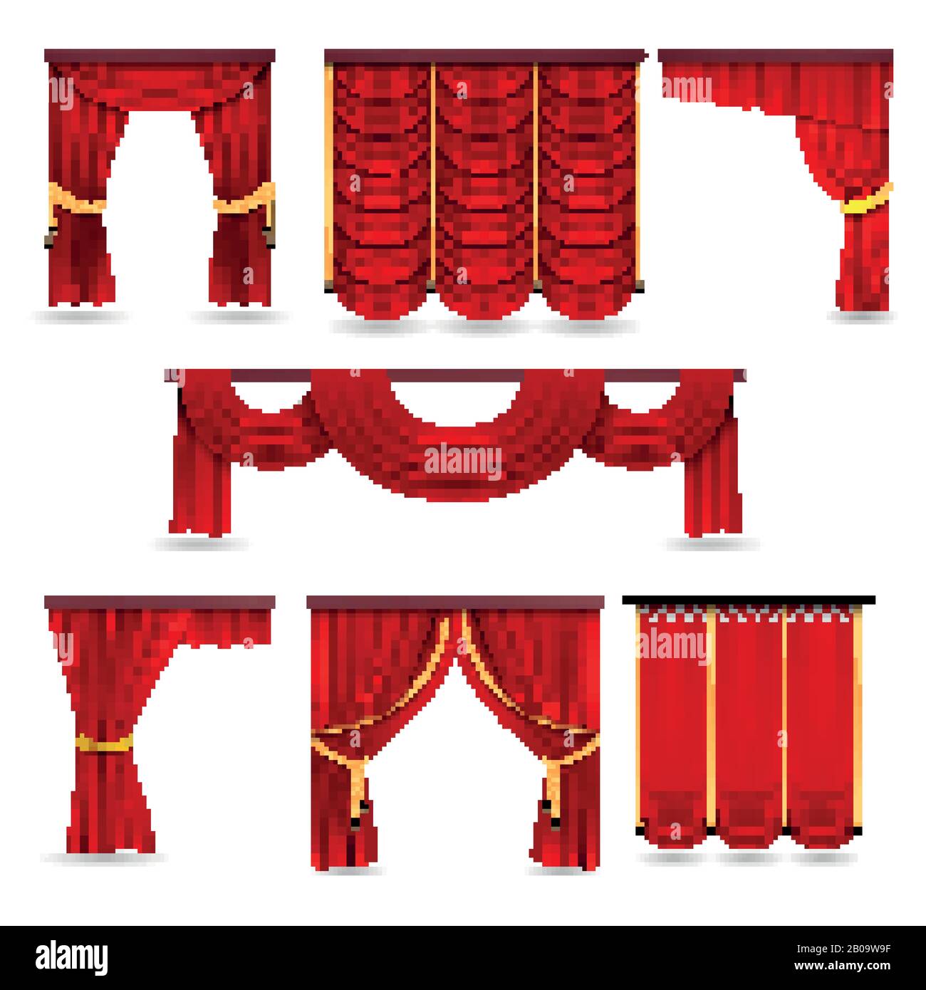 Silk red room curtains, velvet scarlet fabric curtains vector collection. Illustration of red curtains for presentation and stage of theater Stock Vector