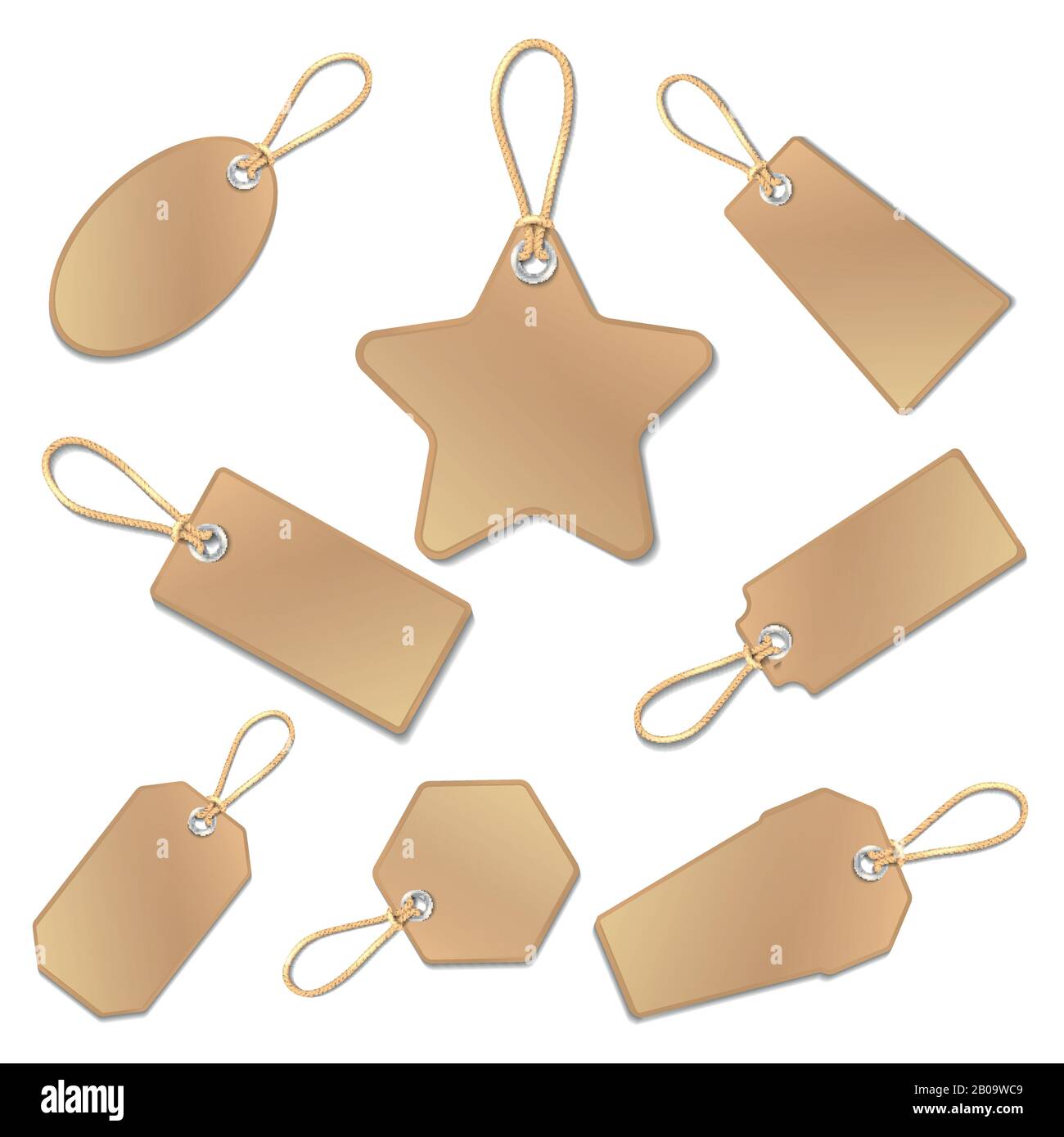 Blank vintage brown paper price tags with strings isolated on white ...