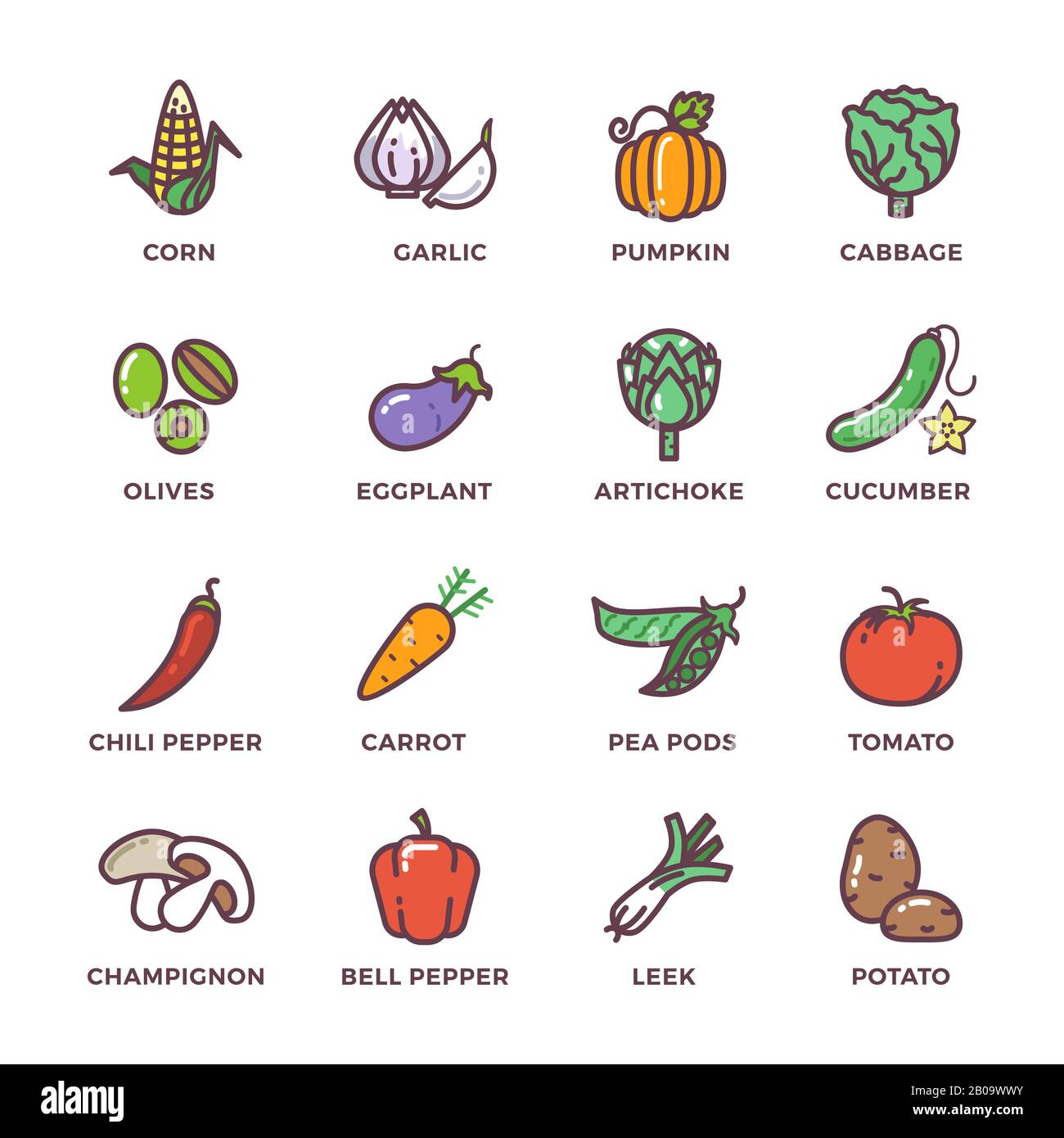 Vegetables vegan raw food colored vector icons set. Vegetable fot cooking illustration Stock Vector