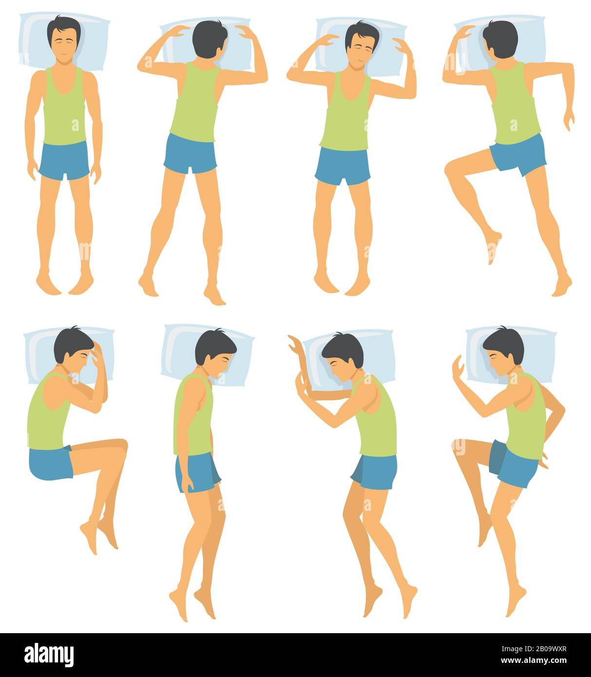 Person sleep positioning, man in different sleeping poses in bed