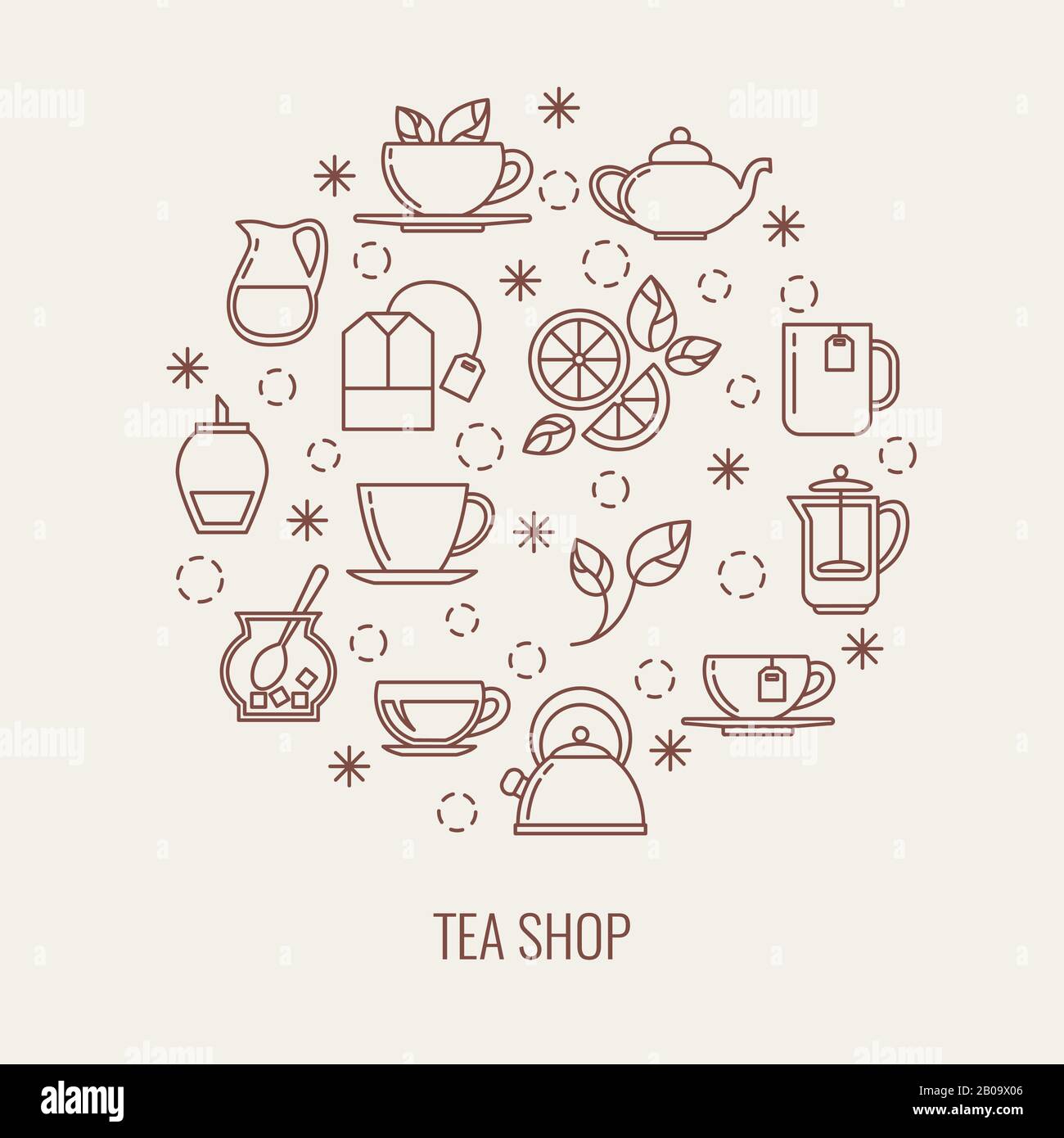 Tea thin line vector icons set in a circle. Outline tea icons concept illustration Stock Vector