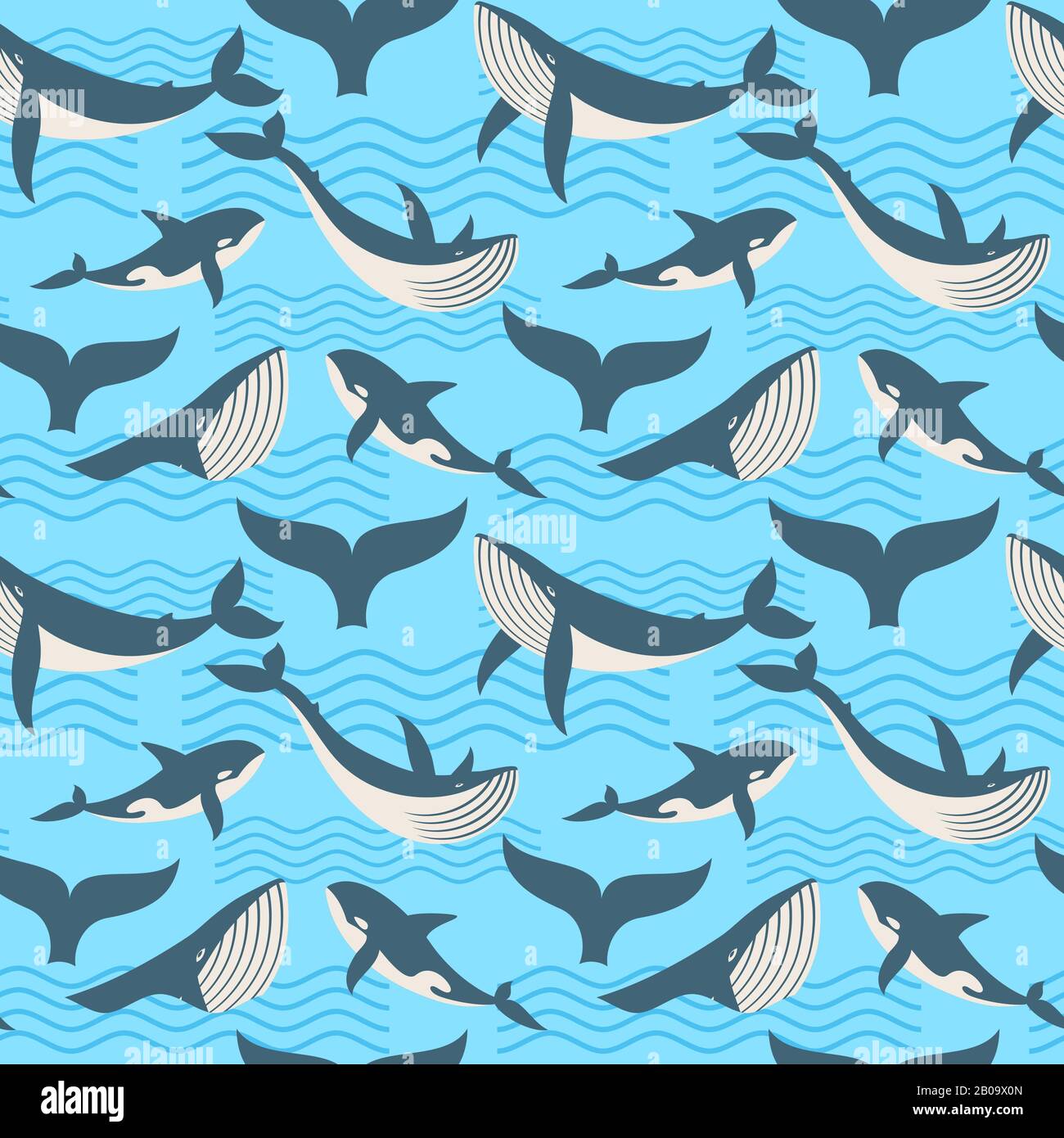 Vector seamless pattern with whale in ocean waves. Seamless background with wild whale, illustration of giant killer whale Stock Vector