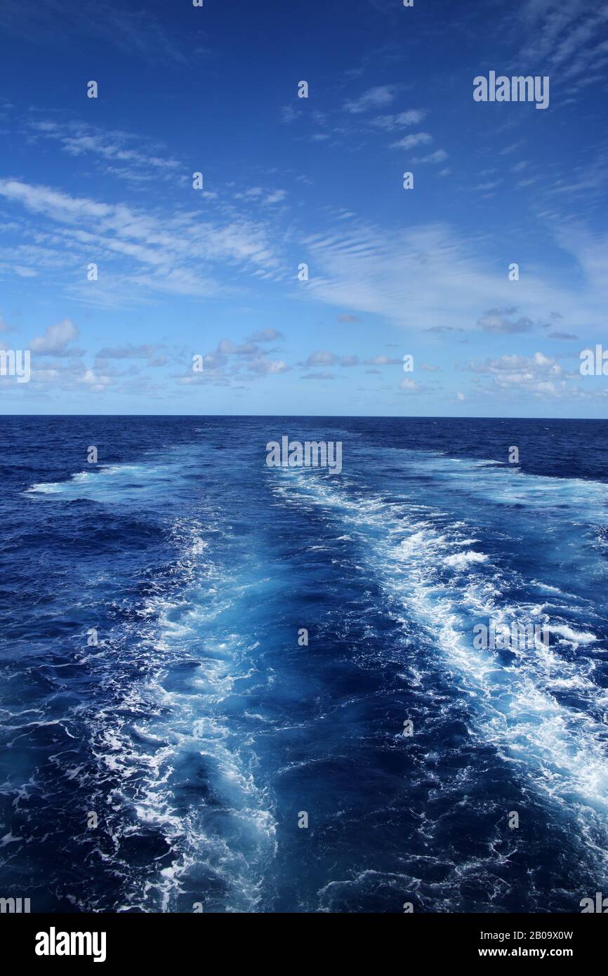 Wake of a ship across the Atlantic Ocean, on a beautiful day. Stock Photo