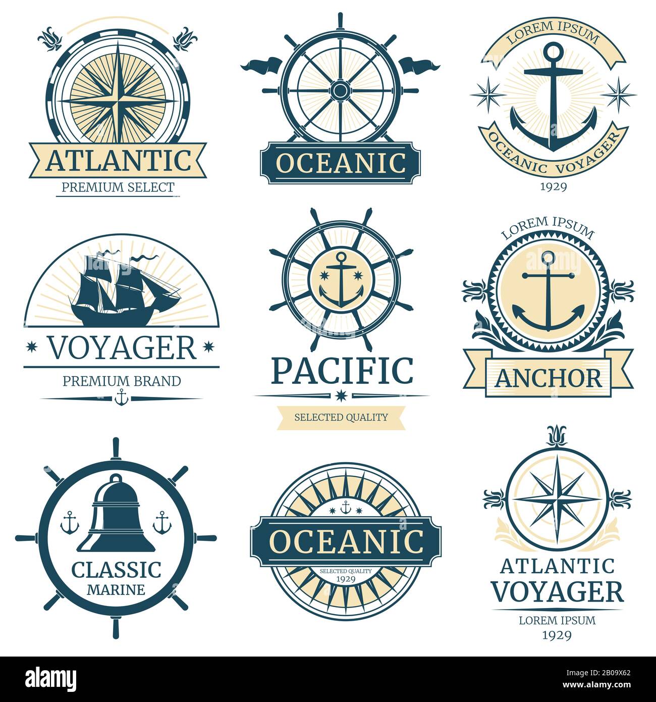 Retro nautical vector labels, badges, logos and emblems. Vintage marine label with ocean ship, illustration of retro label design Stock Vector