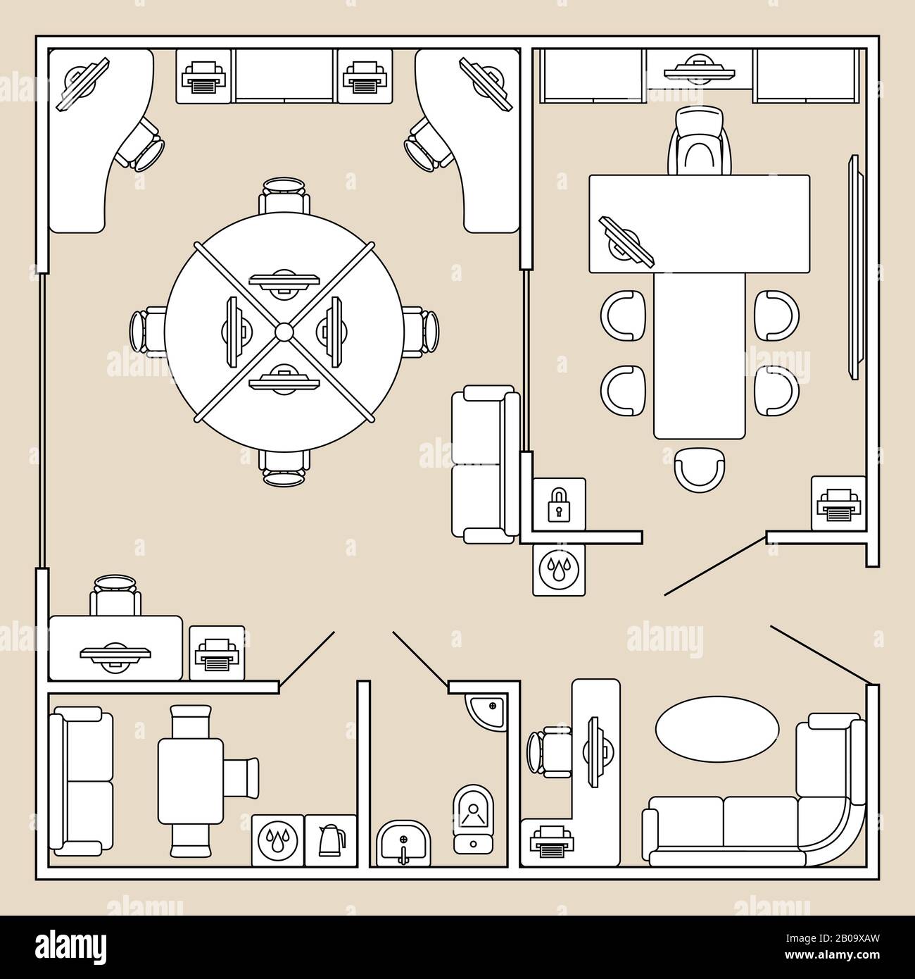 Office interior, top view architecture plan vector illustration. Office cabinet with furniture table and chair, ilustration of plan office with toilet and kitchen Stock Vector