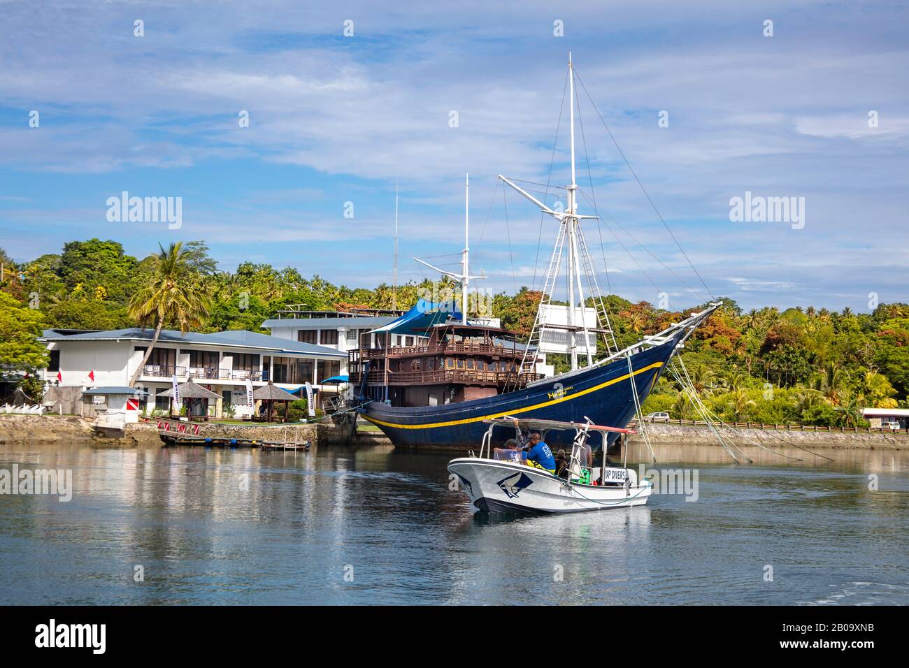A view from the water of the Manta Ray Bay Resort and it's floating restaurant 'The Mnuw' on the island of Yap, Micronesia. Stock Photo