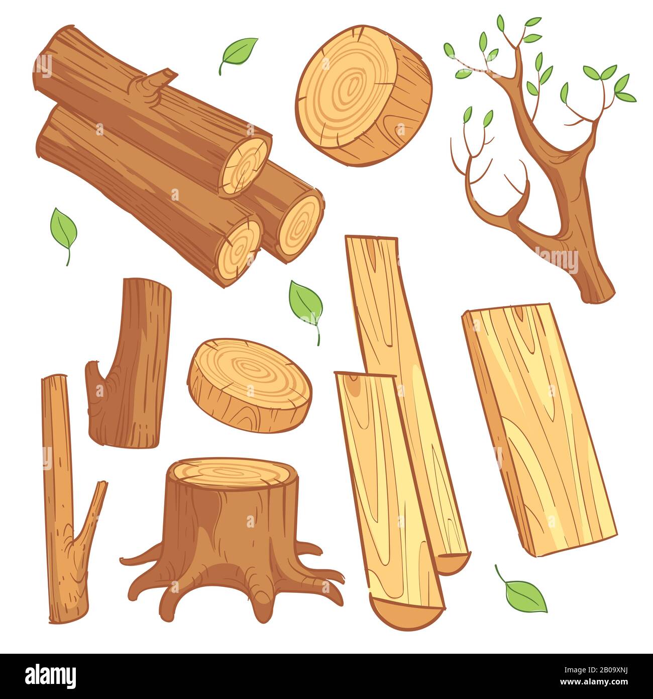 Cartoon wooden materials, lumber, firewood, wood stump vector set