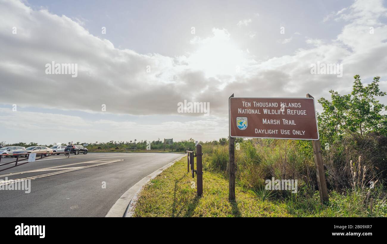 Ten Thousand Islands National Wildlife Refuge marsh trail sign Stock Photo