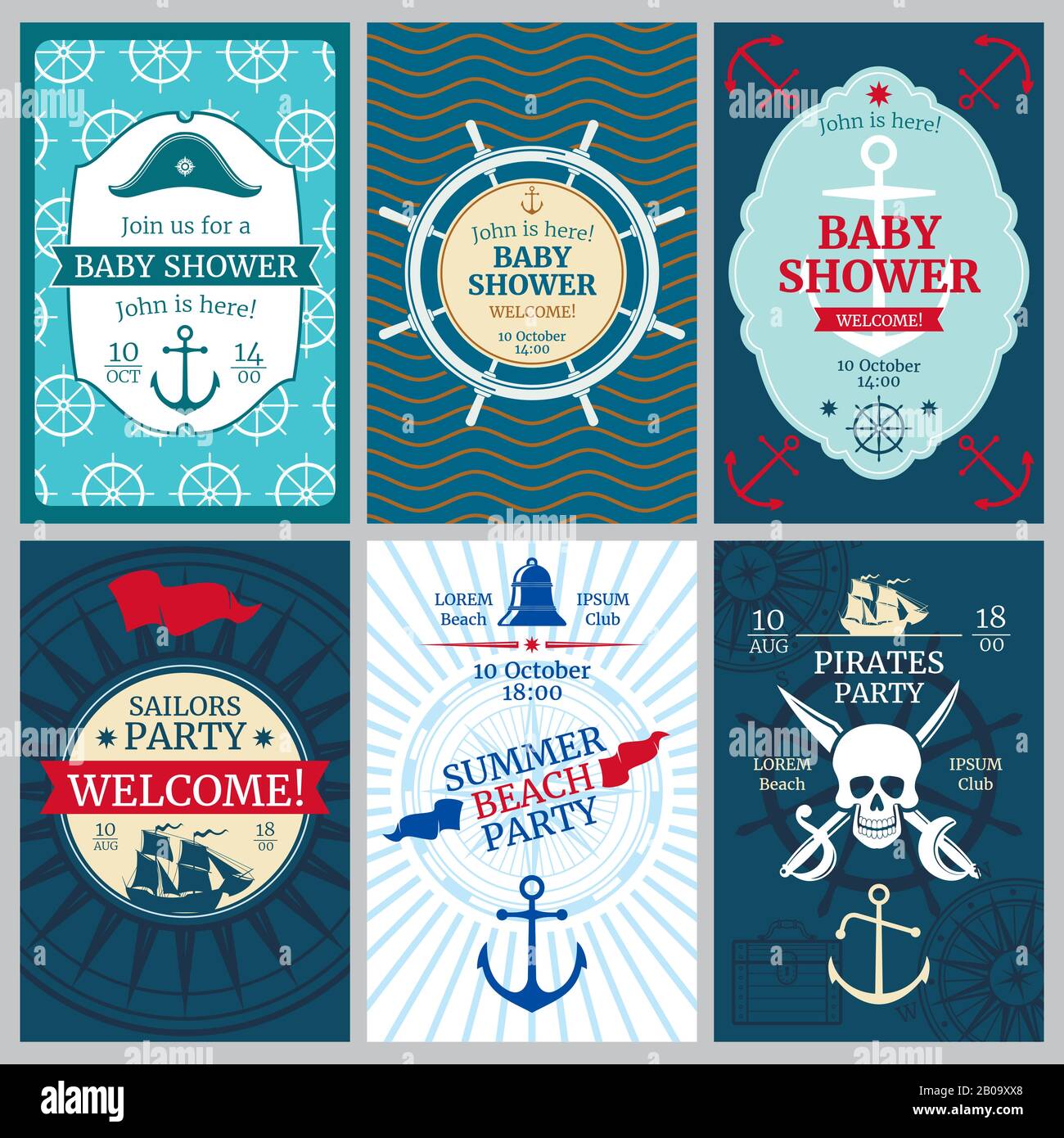 Nautical baby shower, birthday, beach party vector invitation cards. Template of nautical banner for birthday party, illustration of birthday poster Stock Vector